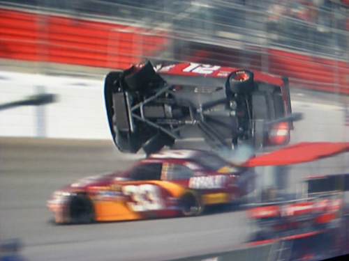Brad Keselowski NASCAR flying in the air.